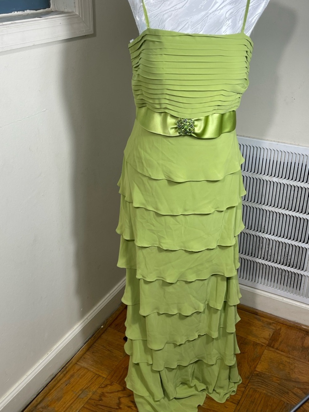 Vintage Lime Green  Tiered Chiffon Gown autumn wedding quest banquet dress size